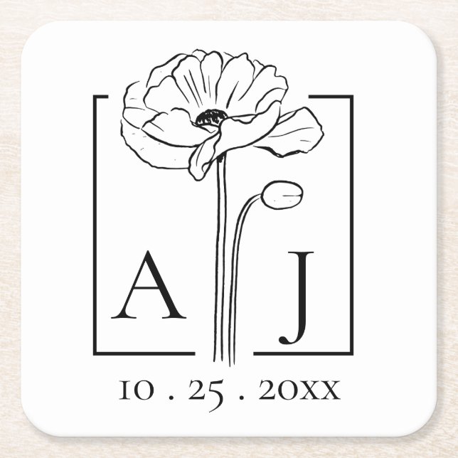 Poppy Monogram Square Paper Coaster (Front)