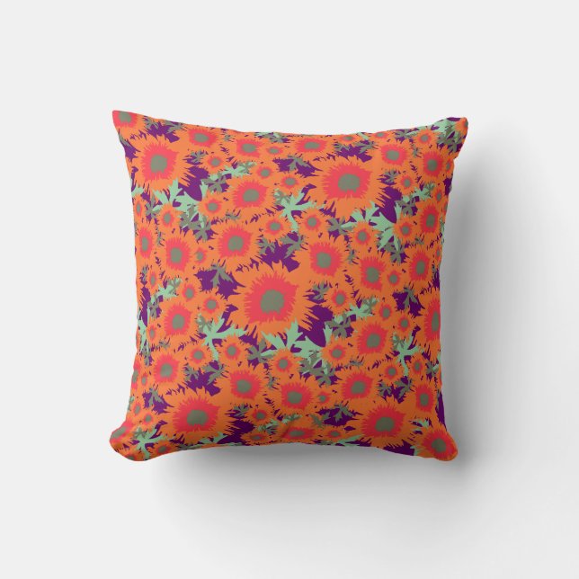 Poppy orange, green and purple throw pillow (Front)