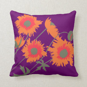 Poppy orange, green and purple throw pillow
