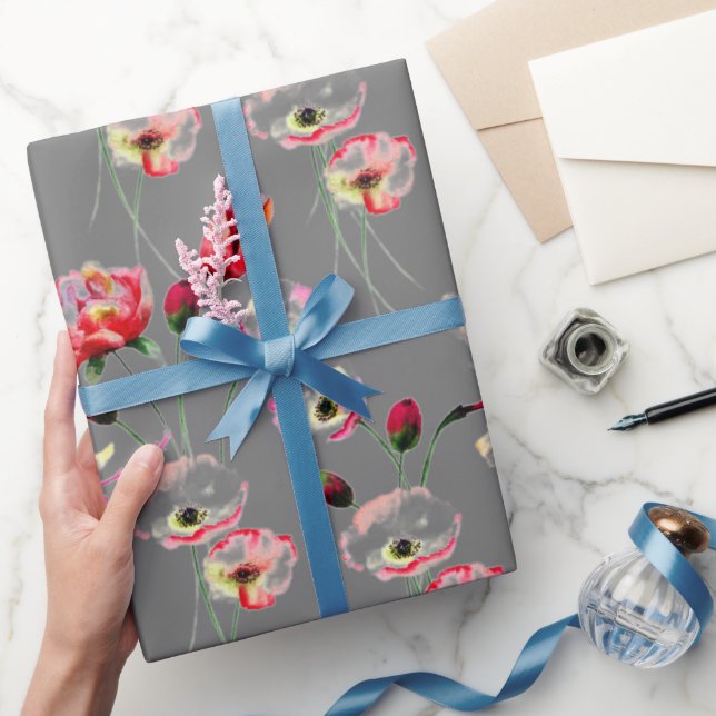 Poppy Pattern On Grey Wrapping Paper (Gifting)