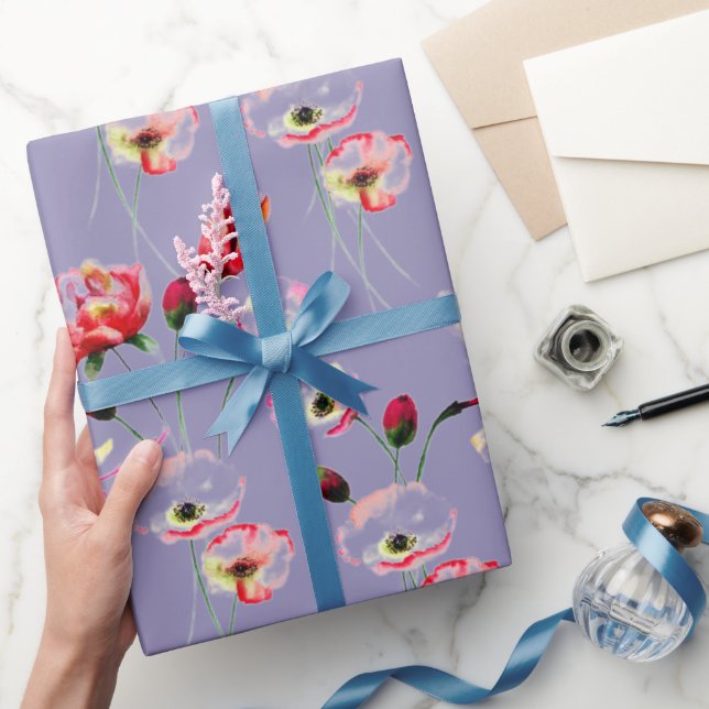 Poppy Pattern On Purple Wrapping Paper (Gifting)