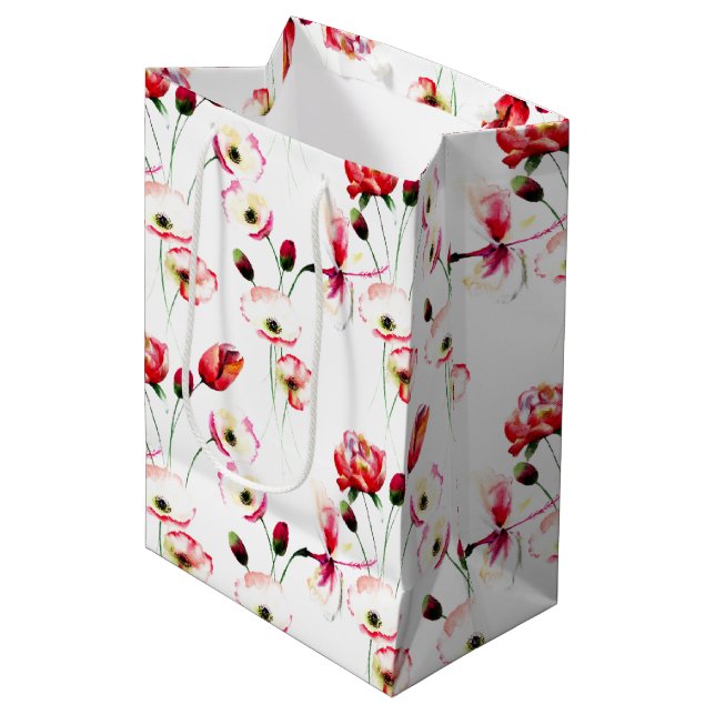 Poppy Pattern On White Medium Gift Bag (Front Angled)