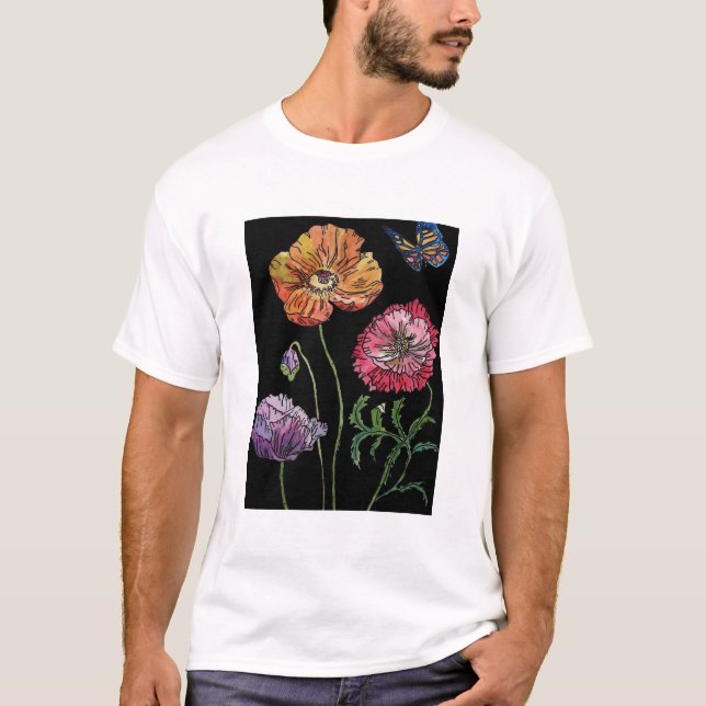 Poppy Poppies on Black Watercolor Painting T-Shirt (Front)