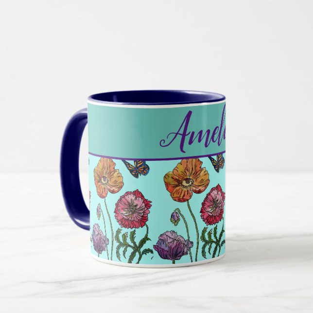 Poppy Poppies Red Shabby Chic Aqua Floral Flowers Mug (Front Left)