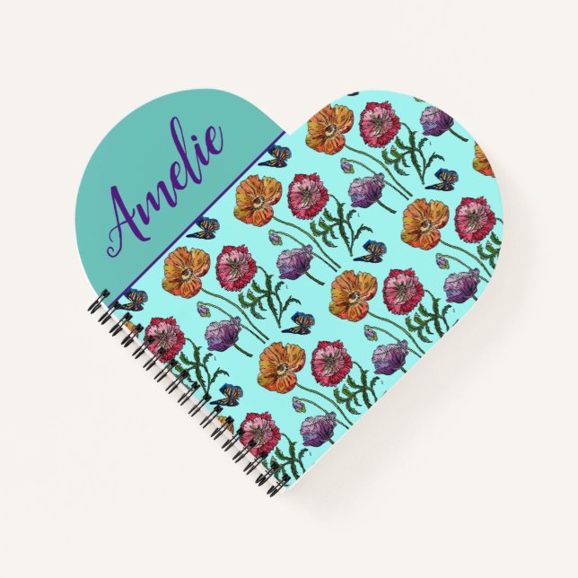 Poppy Poppies Red Shabby Chic Aqua Floral Flowers  Notebook (Front)