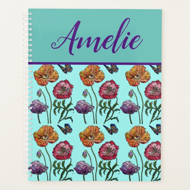 Poppy Poppies Red Shabby Chic Aqua Floral Flowers  Planner (Front)