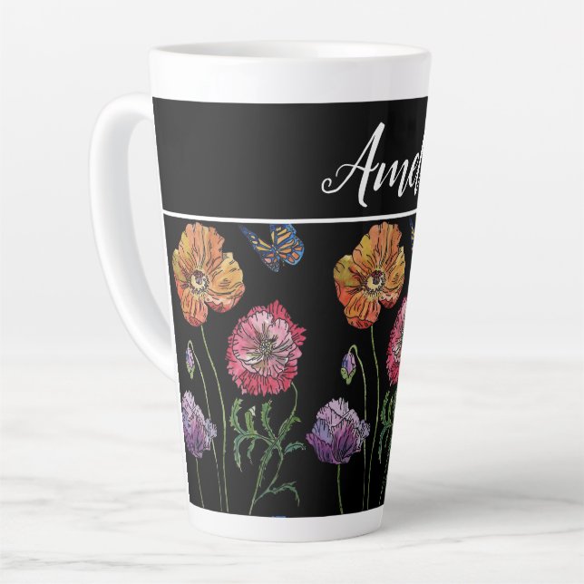 Poppy Poppies Red Shabby Chic Black Floral Flowers Latte Mug (Left Angle)