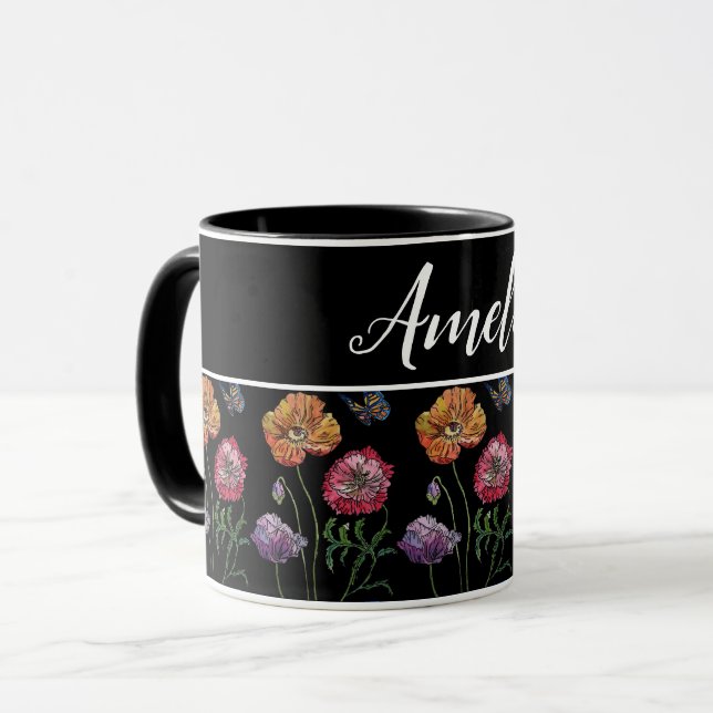 Poppy Poppies Red Shabby Chic Black Floral Flowers Mug (Front Left)