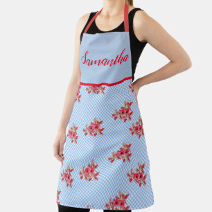 Poppy Poppies Red Shabby Chic Blue Gingham Floral Apron
