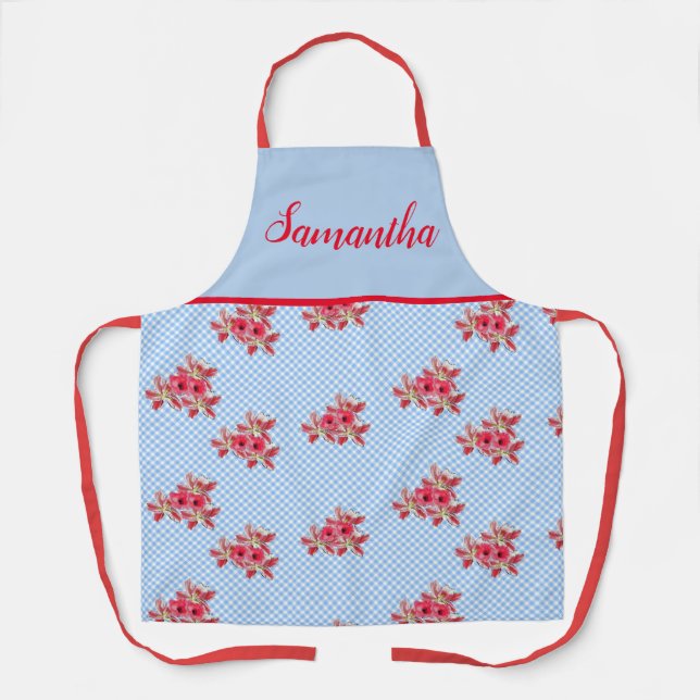 Poppy Poppies Red Shabby Chic Blue Gingham Floral Apron (Front)