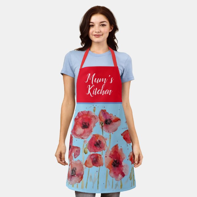 Poppy Poppies Red Shabby Chic Watercolor Floral  Apron (Worn)
