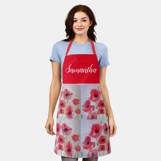 Poppy Poppies Red Shabby Chic Watercolor Floral Apron (Worn)