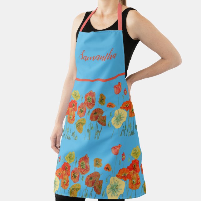 Poppy Poppies Red Watercolor Blue Floral Apron (Insitu)