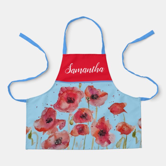 Poppy Poppies Red Watercolor Kids Girls Floral   Apron (Front)