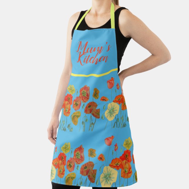 Poppy Poppies Red Watercolor Mums Blue Floral Apron (Insitu)