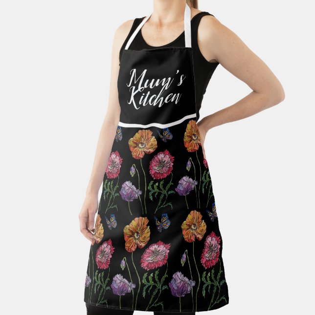 Poppy Poppies Red Watercolor Mums Kitchen Floral   Apron (Insitu)