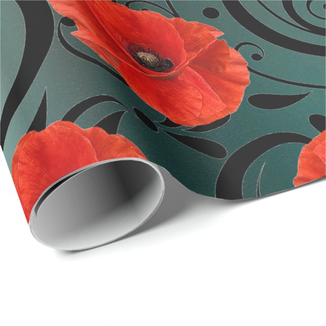 Poppy Red Flower Black Glam Glam Stripes Teal Wrapping Paper (Roll Corner)