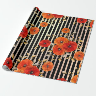 Poppy Red Flower Black White Glam Stripes Metallic Wrapping Paper