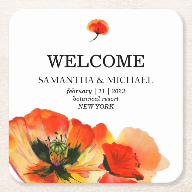 Poppy Red Flower Classic Wedding Welcome Square Paper Coaster (Front)