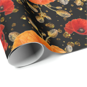 Poppy Red Flower Glam Black Gold Confetti Wrapping Paper