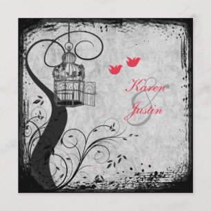 Poppy Red, Grey Birdcage Lovebirds Wedding Invite