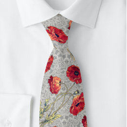 Poppy Red Grey Botanical Doily | Neck Tie