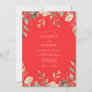Poppy Red Leafy Wedding Invitation