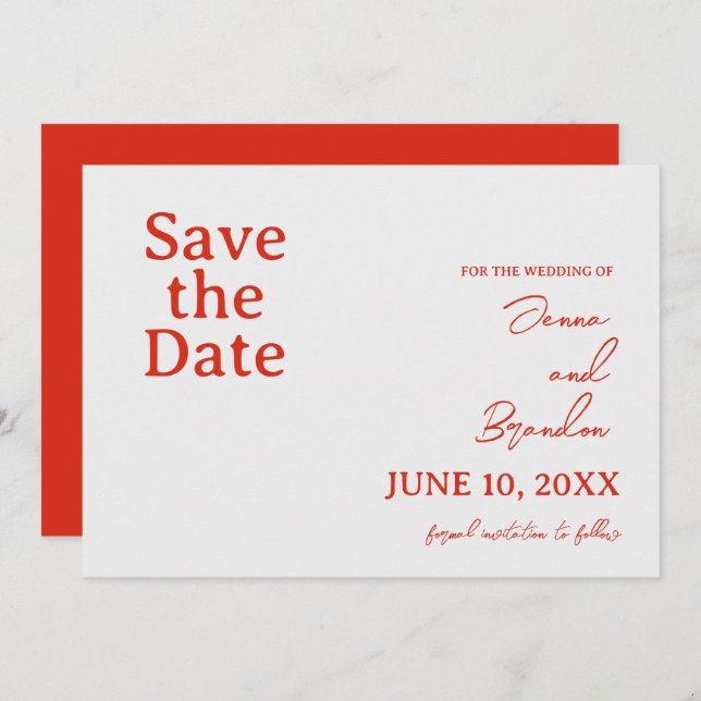 Poppy Red & Off White Modern Wedding Save The Date (Front/Back)