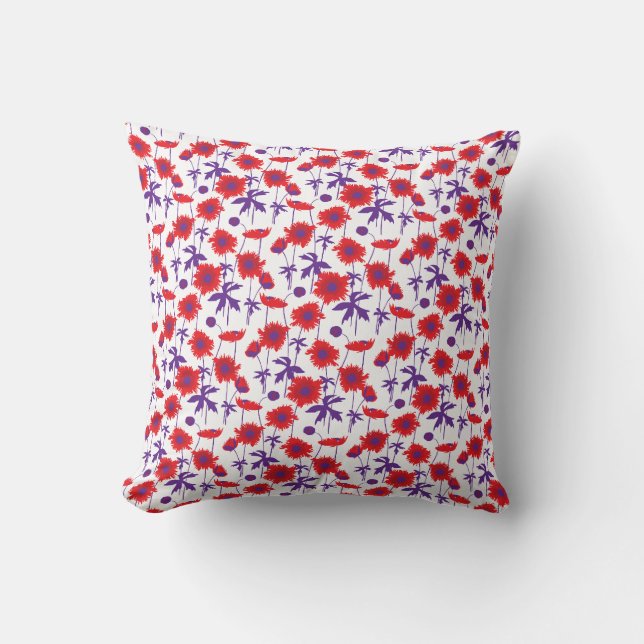 Poppy red, purple and white throw pillow (Front)