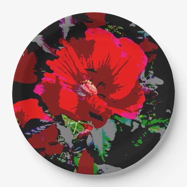 Poppy Red Retro Floral Design Paper Plate (Front)
