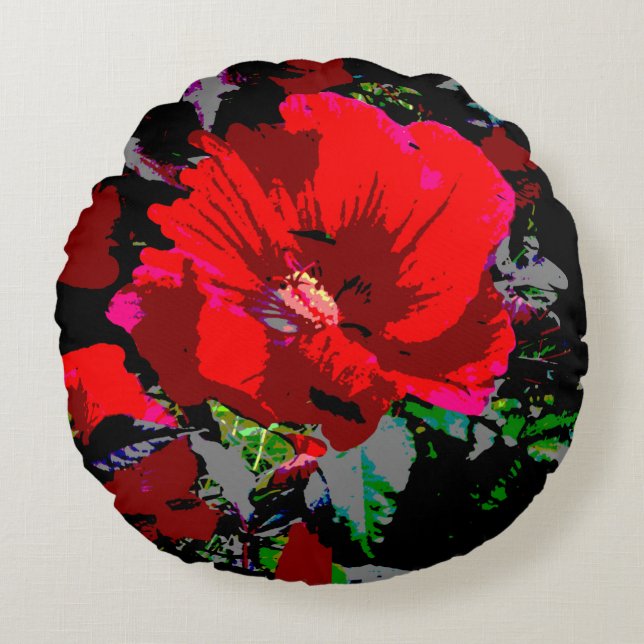 Poppy Red Retro Floral Design Round Cushion (Front)