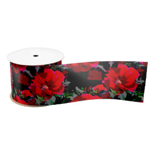 Poppy Red Retro Floral Design Satin Ribbon