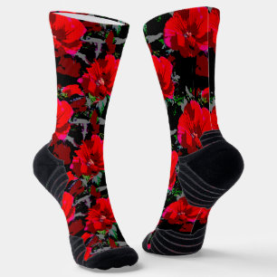 Poppy Red Retro Floral Design Socks