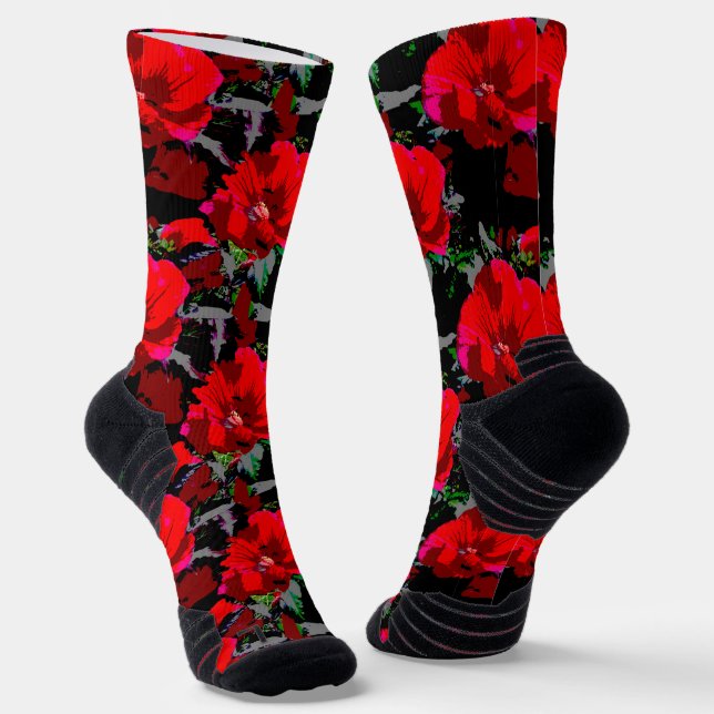 Poppy Red Retro Floral Design Socks (Angled)