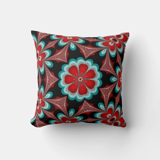 Poppy Red Teal and Black Flower Cushion (Front)