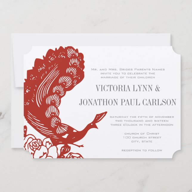Poppy Red Vintage Modern Peacock Wedding Invite (Back)