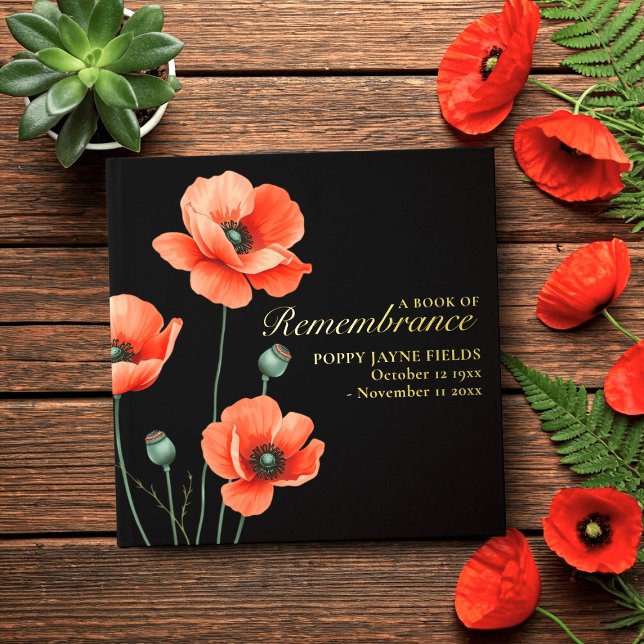 Poppy Remembrance Square Foil Guest Book (Poppy Book of Remembrance with space for your details)
