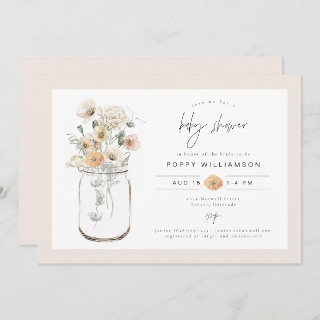 POPPY Rustic Wildflower Mason Jar Baby Shower Invitation (Front/Back)
