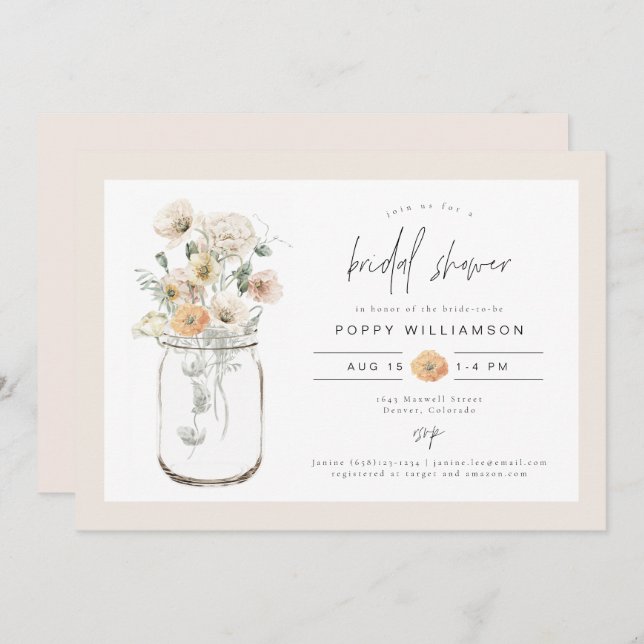 POPPY Rustic Wildflower Mason Jar Bridal Shower Invitation (Front/Back)