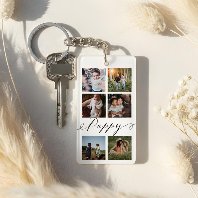Poppy Script | Grandchildren Photo Grid Collage Key Ring (Poppy Script | Grandchildren Photo Grid Collage Keychain)