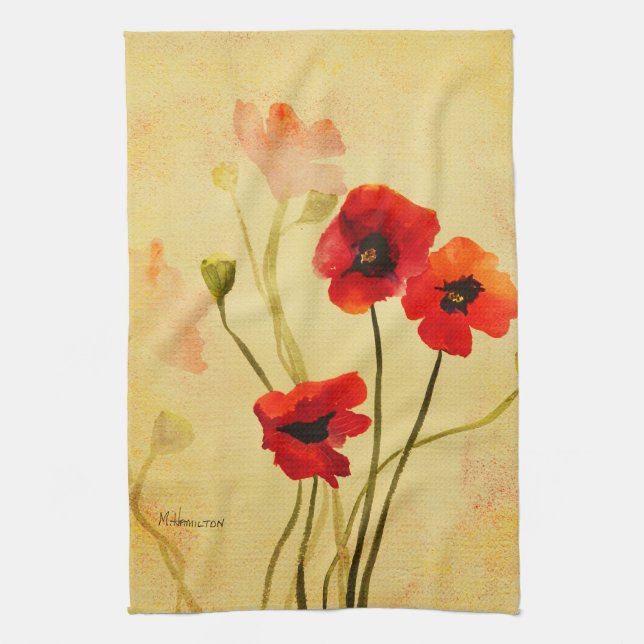 Poppy Shadows Red Poppies Watercolor Tea Towel (Vertical)