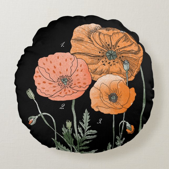 Poppy Study | Orange against black Round Cushion (Front)