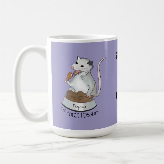 Poppy The Porch Possum Coffee Mug, Purple Coffee Mug (Left)