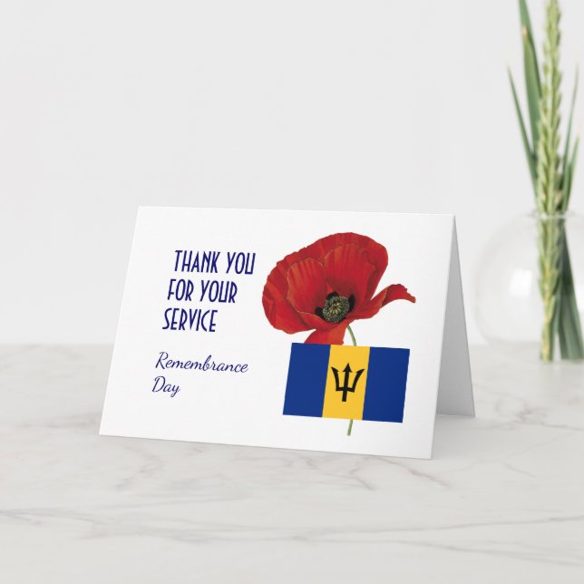 Poppy | Veterans | REMEMBRANCE DAY | BARBADOS Flag Thank You Card (Front)