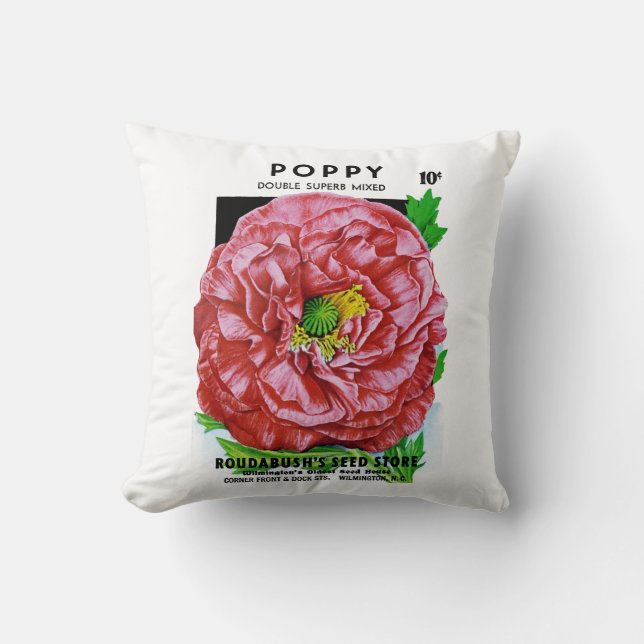 Poppy Vintage Seed Packet Cushion (Front)