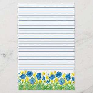 Poppy Watercolor Blue Flowers Lined Stationery