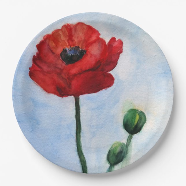 Poppy Watercolor Custom Paper Plates 9 in (Front)