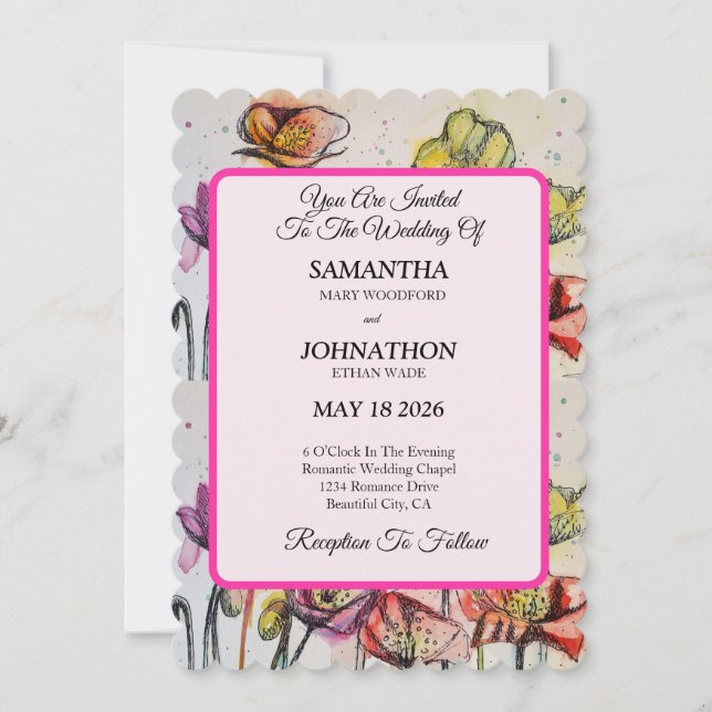 Poppy Watercolor Flower Floral Wedding Invitation (Front)