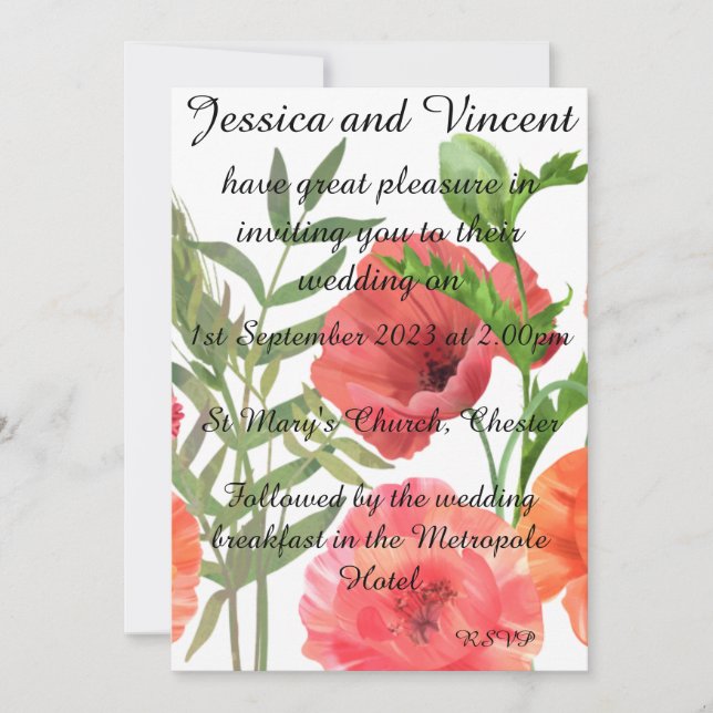 Poppy Wedding Invitation - can be personalised (Front)