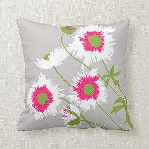 Poppy white, pink, green and grey throw pillow
